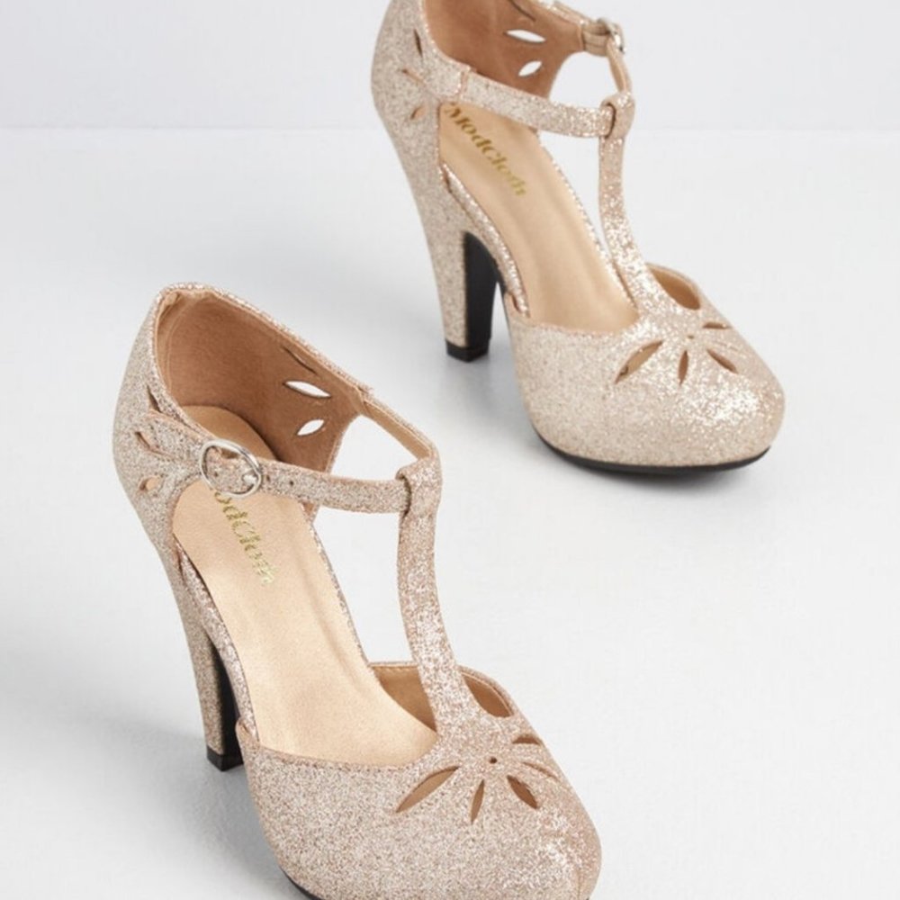 Vintage Style Gold Glitter Heels by ModCloth